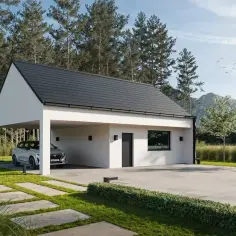 Nowoczesny dom z wiatą samochodową, otoczony lasem i górami. Solidny ogniomur chroni przed żywiołem, a samochód czeka pod zadaszeniem.