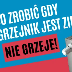 Co zrobić, gdy grzejnik nie grzeje? Biały grzejnik z termostatem na tle niebiesko-czerwonym.