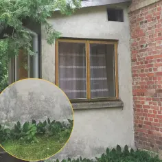 Widok na połączenie starego fundamentu z nowym. Widać fragment ściany z cegły i tynku, okno oraz roślinność.