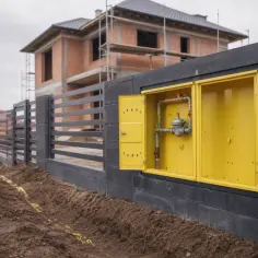 Żółta skrzynka z instalacją gazową w domu w budowie, obok ogrodzenia i placu budowy.