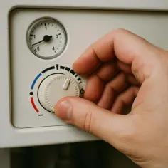 Dłoń reguluje pokrętło pieca gazowego, ustawiając jaka temperatura na piecu gazowym będzie optymalna.