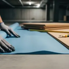 Ręce w rękawiczkach rozwijają niebieski podkład pod panele laminowane. Obok leżą panele, miarka i nożyk.