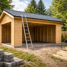 Drewniany garaż bez pozwolenia 70m2 w budowie, z drabiną i materiałami budowlanymi.