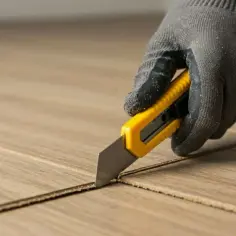 Rękawica z nożem do cięcia listew przypodłogowych plastikowych precyzyjnie tnie materiał.