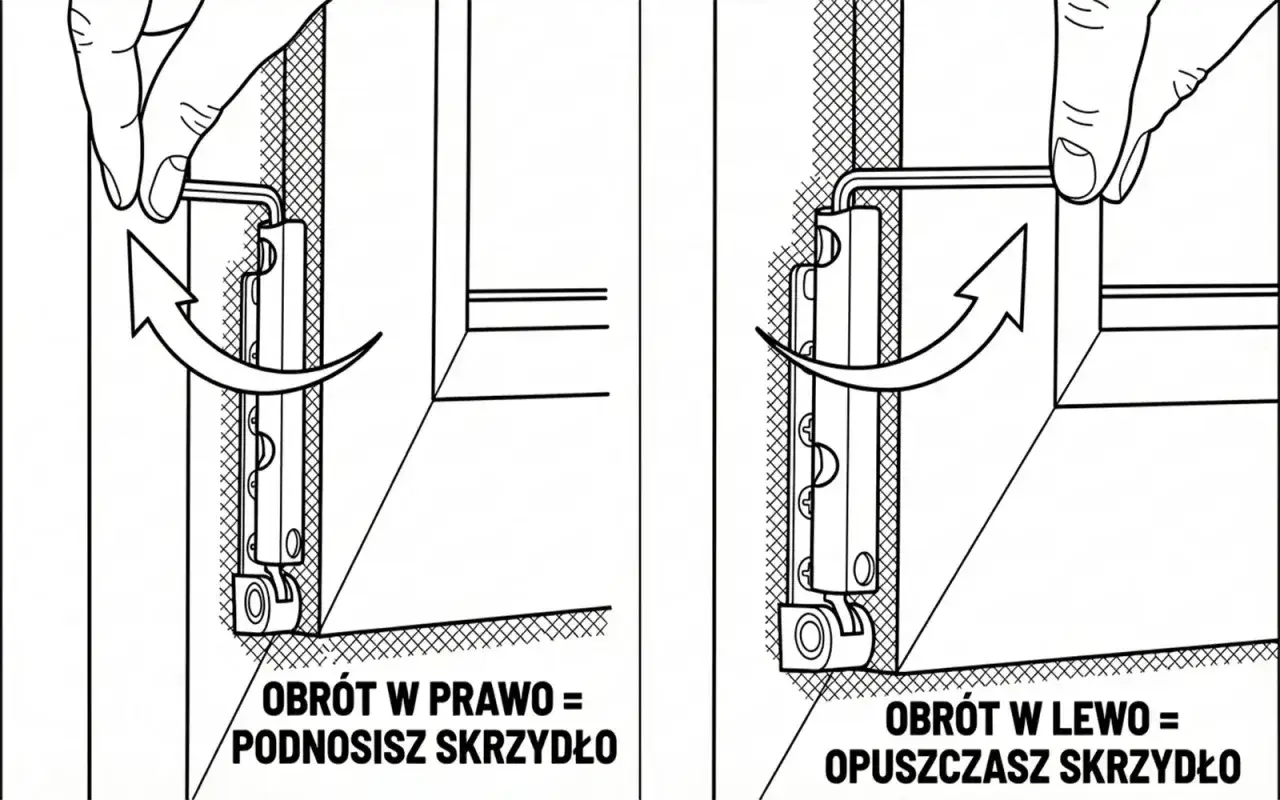 Instrukcja regulacji okien bez regulacji docisku. Obrót kluczem w prawo podnosi skrzydło, w lewo opuszcza.