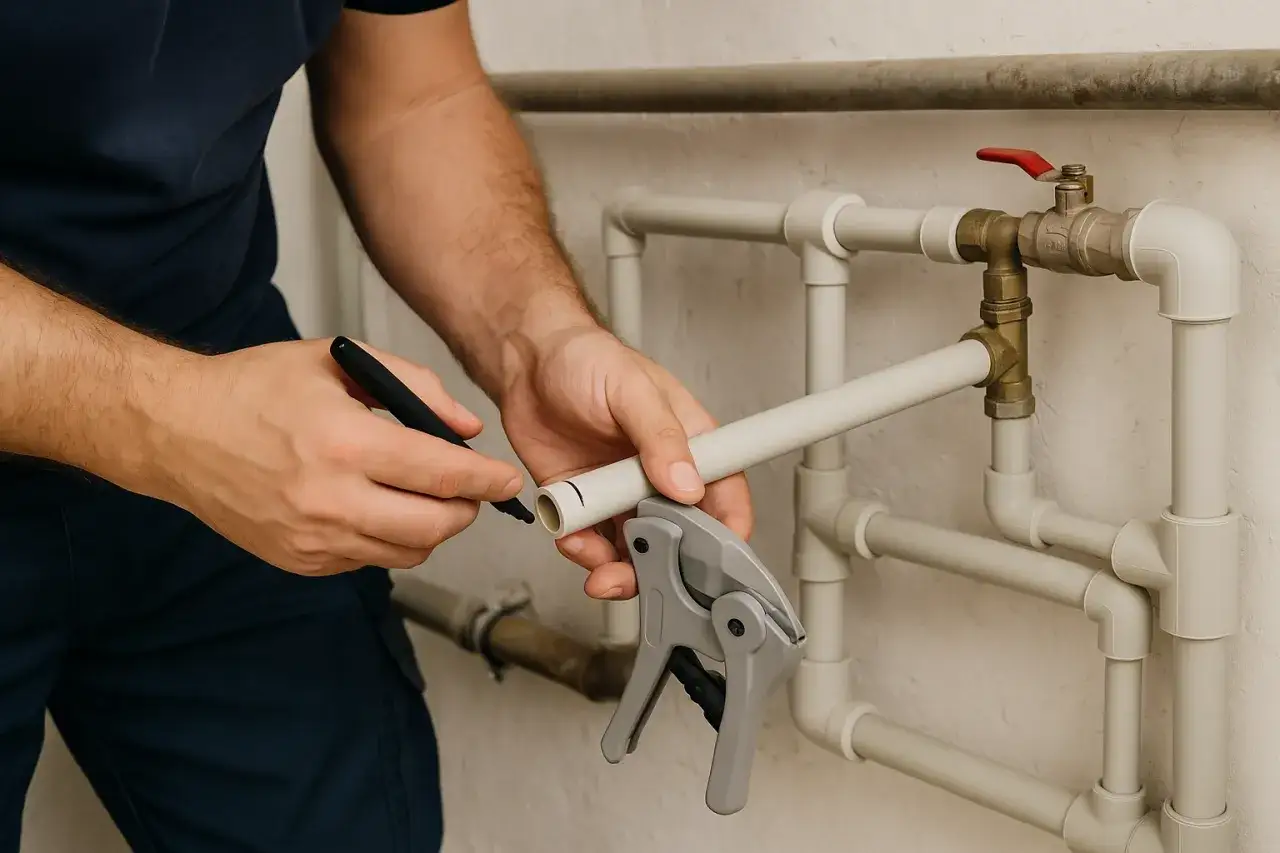 Instalacja wodna PP: hydraulik zaznacza rurę do cięcia.