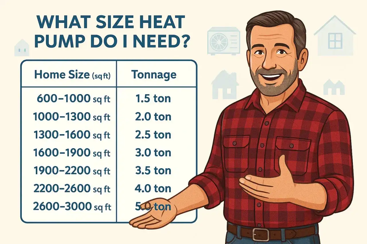 Jaka pompa ciepła do domu 150m2? Tabela pokazuje, że dla domu ok. 1600 sq ft (ok. 150m2) potrzebna jest pompa ciepła 3.0 ton.