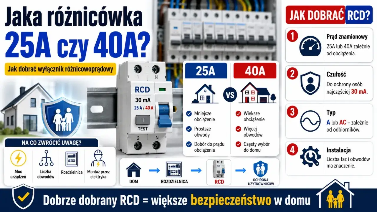 Jaka różnicówka 25A czy 40A? Poradnik wyboru wyłącznika RCD do domu, uwzględniający obciążenie i liczbę obwodów.