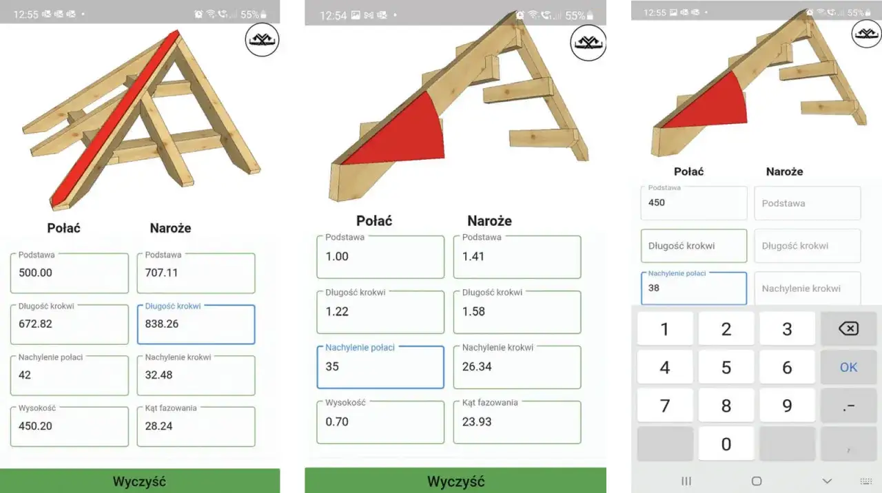 Aplikacja pomaga jak obliczyć zacios na krokwi, pokazując wizualizacje i pola do wprowadzania danych.