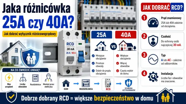 Jaka różnicówka 25A czy 40A? Poradnik wyboru wyłącznika RCD do domu, uwzględniający obciążenie i liczbę obwodów.